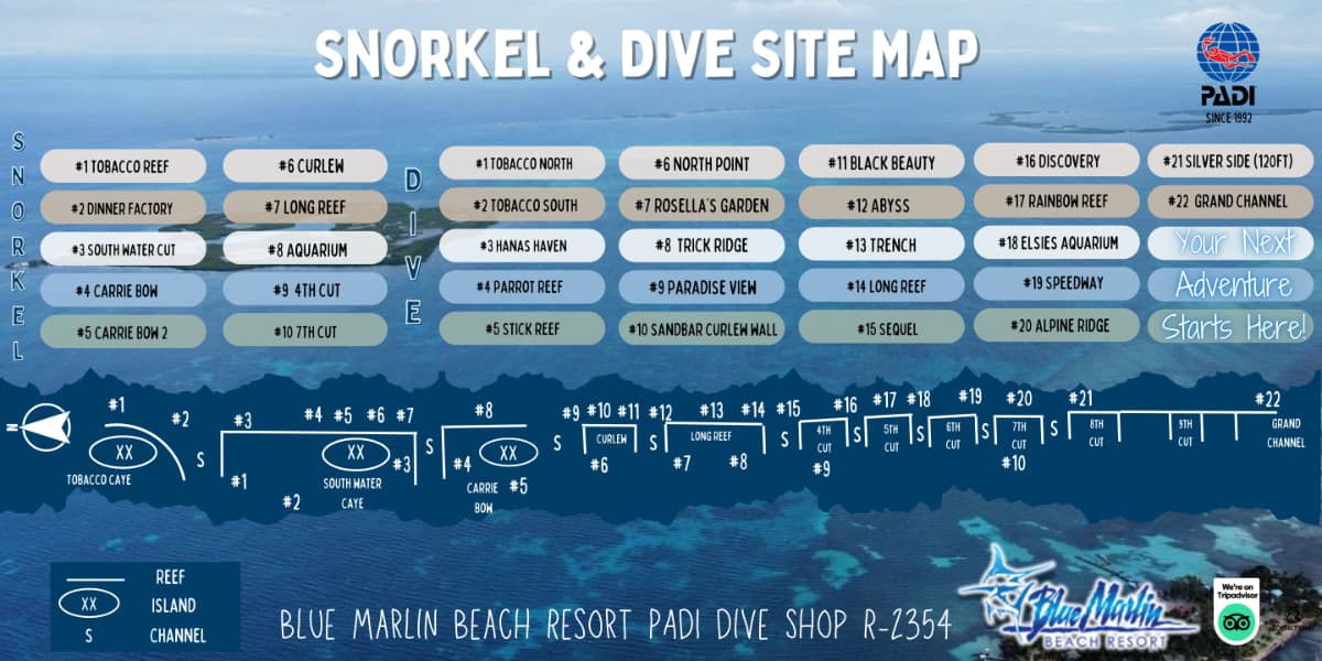 Snorkel and dive site map for Blue Marlin Beach Resort, featuring various dive locations and their corresponding numbers.