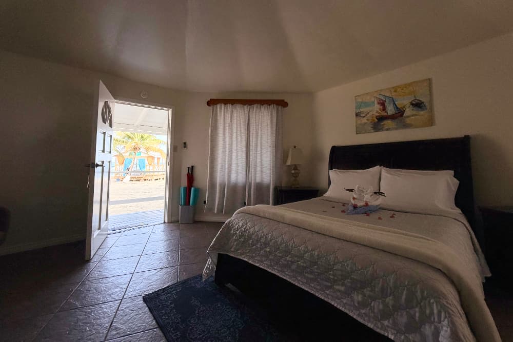 A cozy bedroom with a large bed, a window with curtains, and an open door leading to an outdoor area.