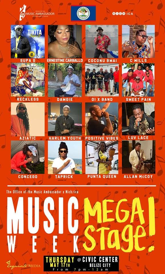 A promotional poster for Music Week featuring various artists and event details in Belize City.