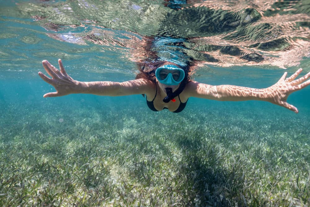 A snorkeler swims underwater with arms extended, surrounded by seagrass.