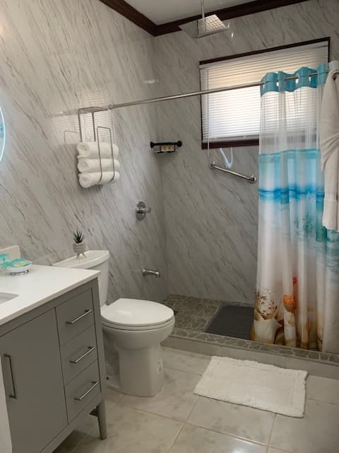 A modern bathroom featuring a shower with a decorative curtain, a toilet, and a sleek vanity with towels and a small plant.