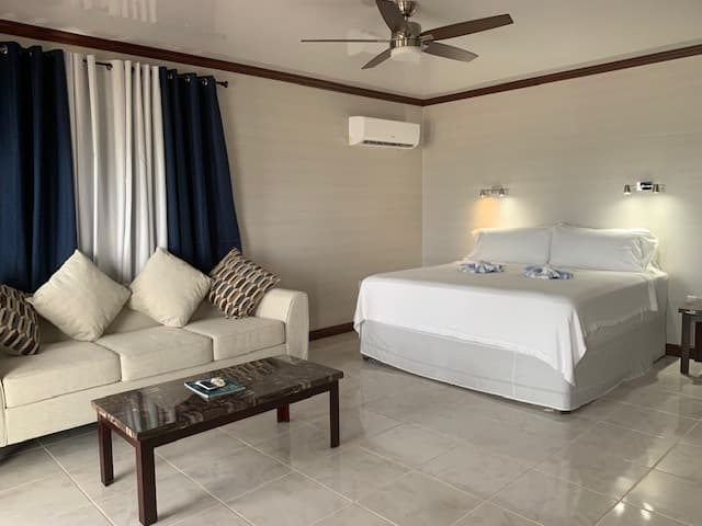 A cozy hotel room featuring a bed, sofa, and modern decor with blue curtains.