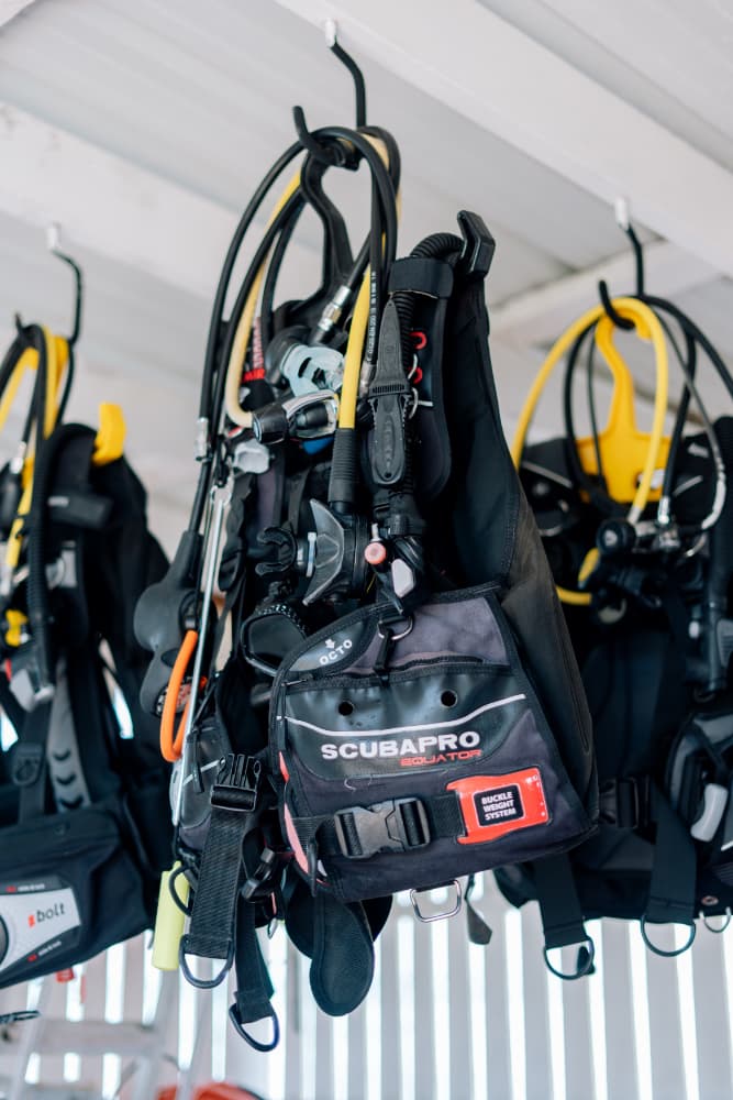 Hanging scuba diving gear, including BCDs and regulators, against a white backdrop.