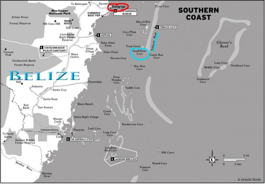 Map of Belize highlighting Dangriga and notable coastal areas.