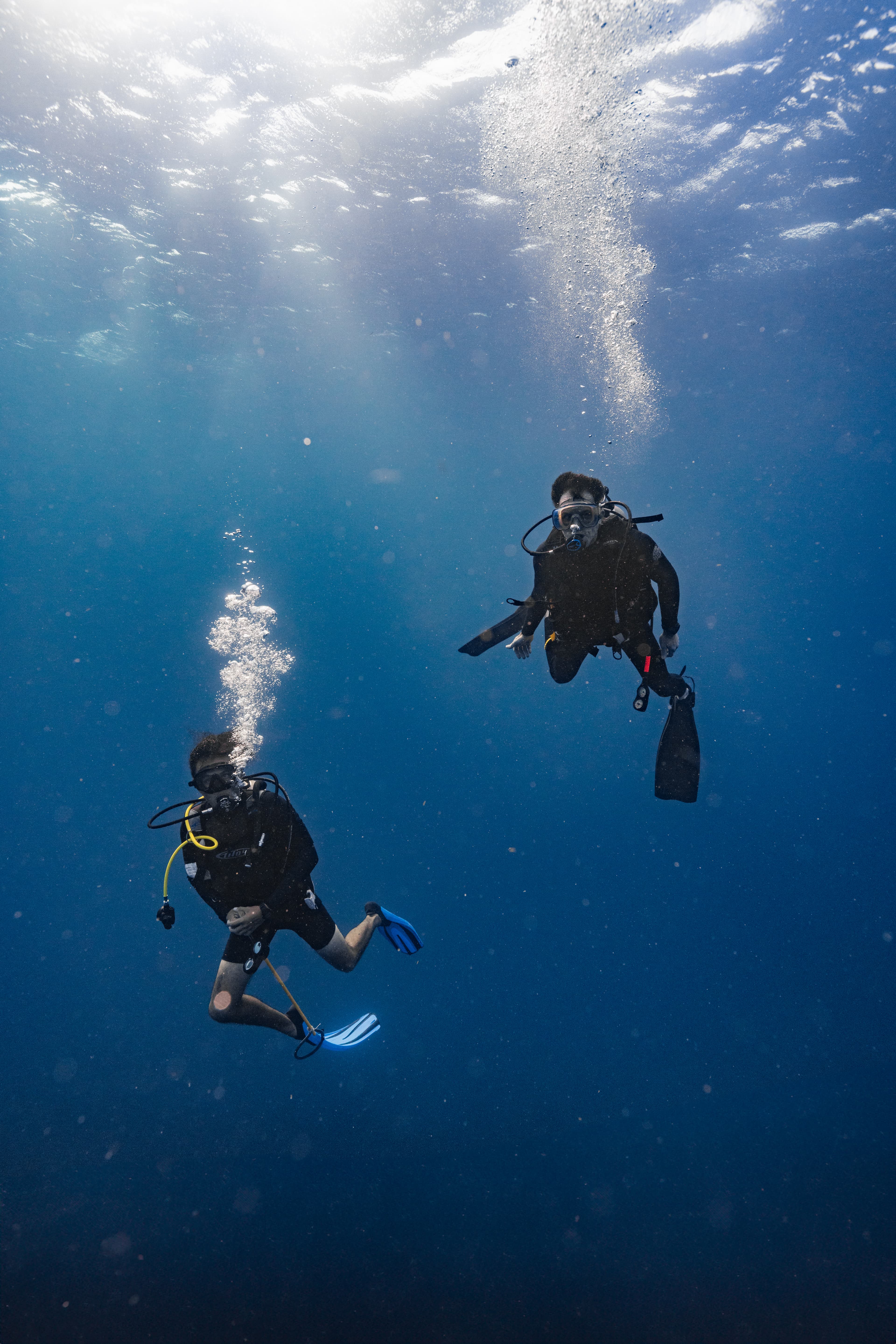 Two divers underwater surrounded by bubbles and sunlight filtering through the water.