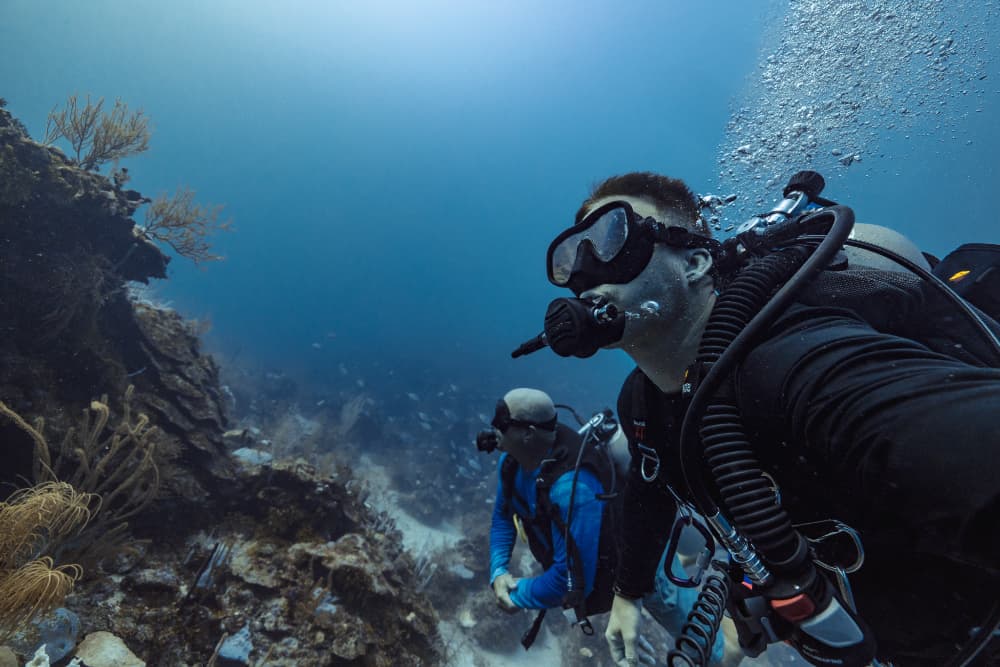 Two divers exploring an underwater landscape, surrounded by coral and bubbles.