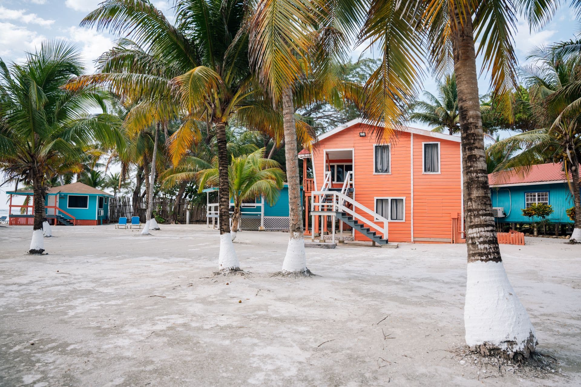 Colorful beach houses surrounded by palm trees and sandy ground.