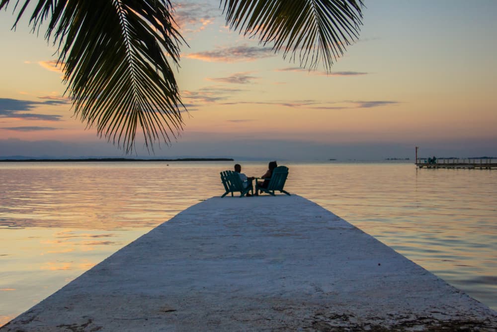 Two people relax on a dock by the water at sunset, surrounded by palm leaves.
